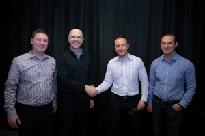 Atlona becomes a Panduit company in a joint meeting at the Atlona Headquarters in San Jose, California.  Pictured are (Left to Right): Marc Naese, Panduit SVP Network Infrastructure Business; Dennis Renaud, Panduit CEO; Ilya Khayn, Atlona CEO and Co-founder; Michael Khain, Atlona VP Product Development/Engineering and Co-founder 