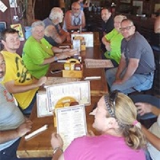 The motorcycle enthusiasts stop for some food on their 160 mile ride